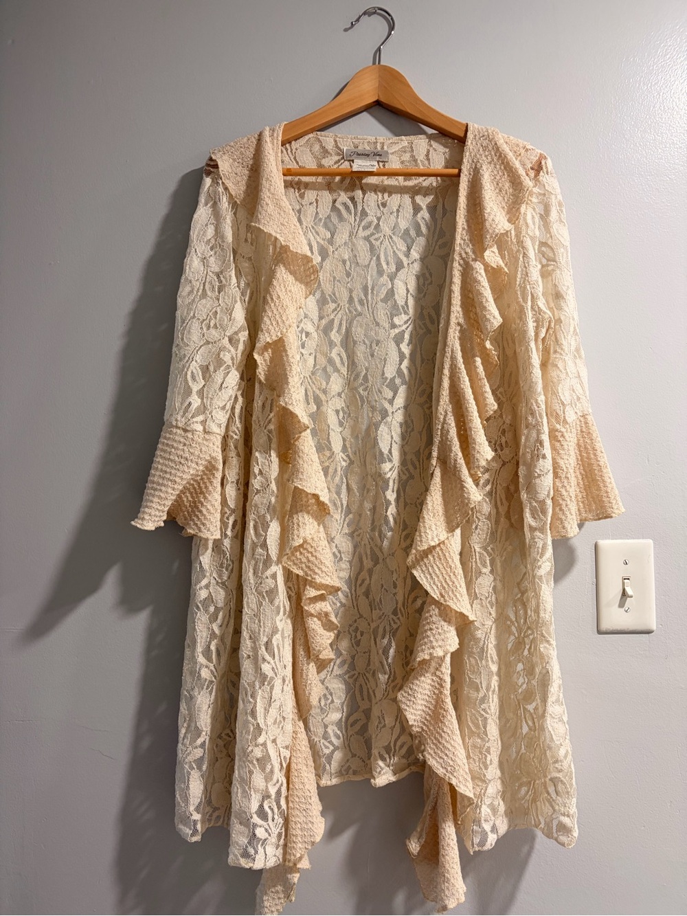 Cream Lace Ruffle Open-Front Cardigan Sweater